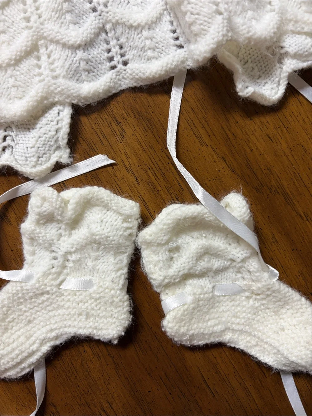 Vintage Handknit Ivory Baby Cardigan, Bonnet & Booties Set